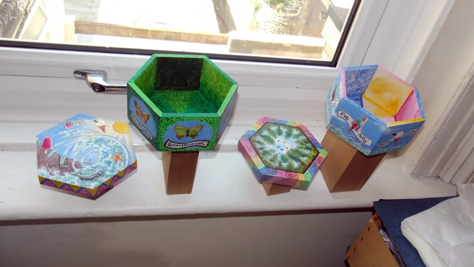 Painted Hexagonal Boxes by Peter Poole.