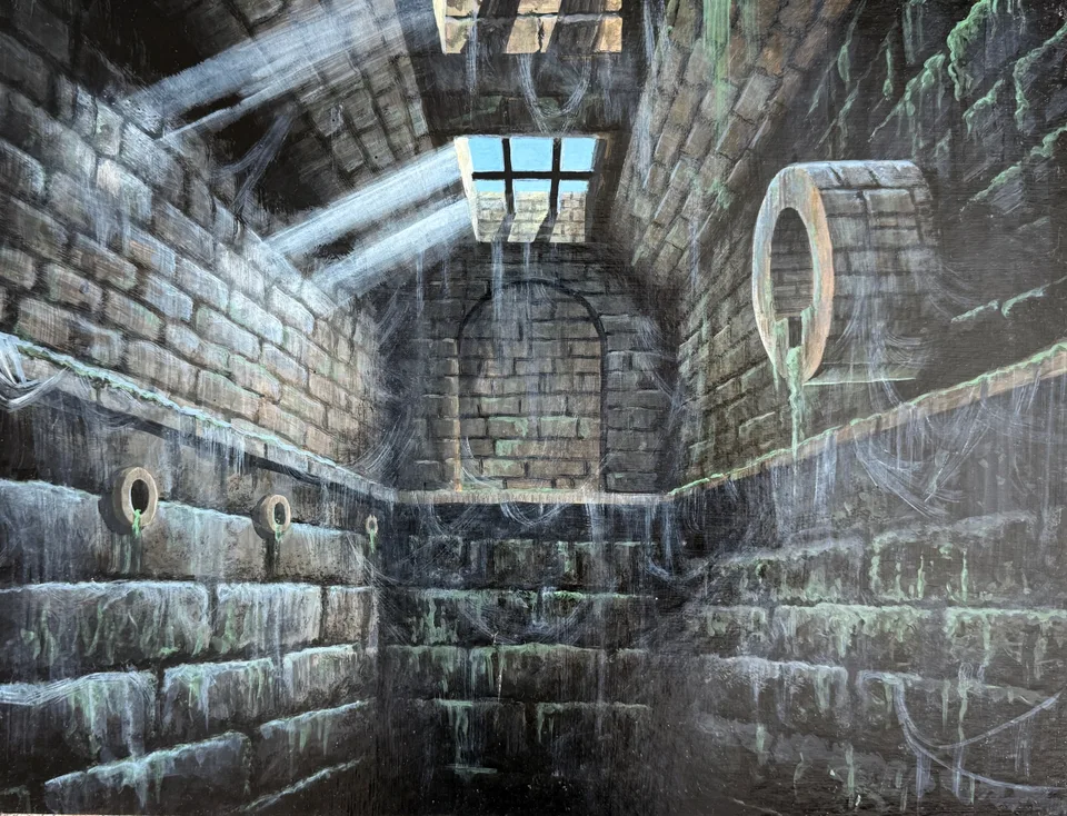 Brighton Sewers by Peter Poole, 1989. A matte painting of Brighton sewers used as a backdrop for a scene in Peter's film Skateabout.