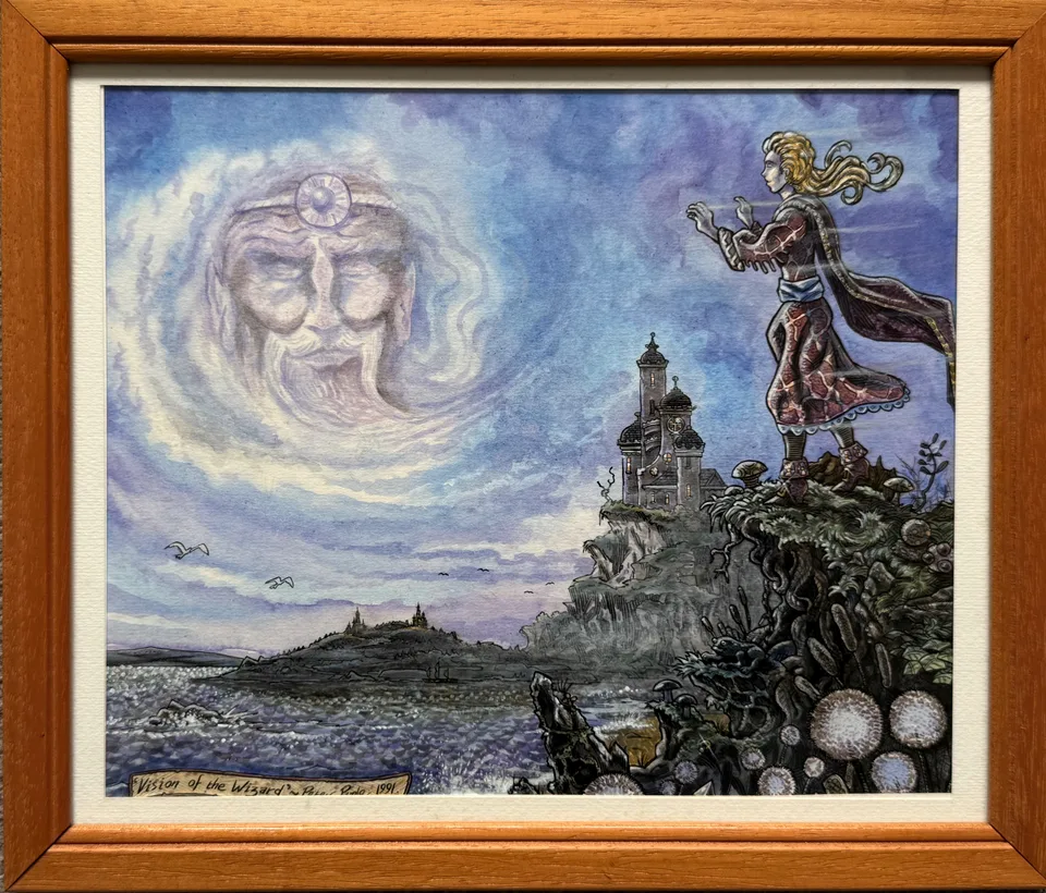 Vision of the Wizard by Peter Poole, 1991. Fantasy image on paper in a pine frame.