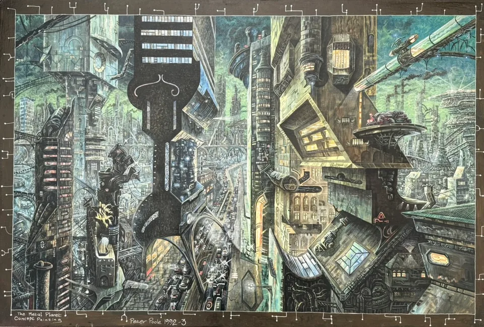 The Metal Planet by Peter Poole, 1992. A concept painting depicting a futuristic city.