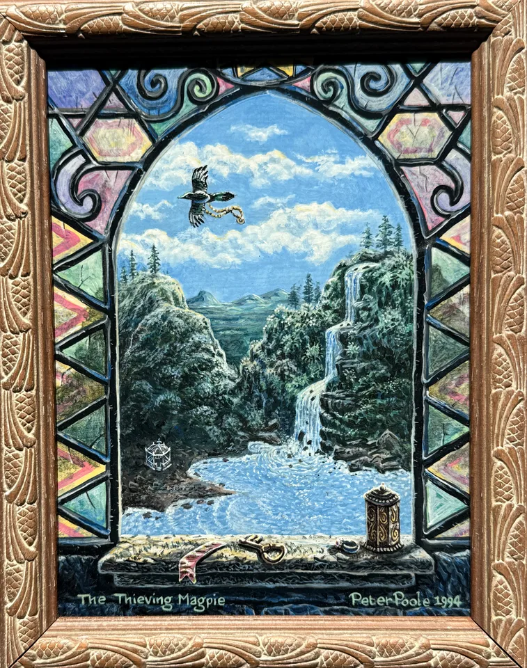The Thieving Magpie by Peter Poole, 1994. A fantasy painting on hardboard panel in a small decorative frame.