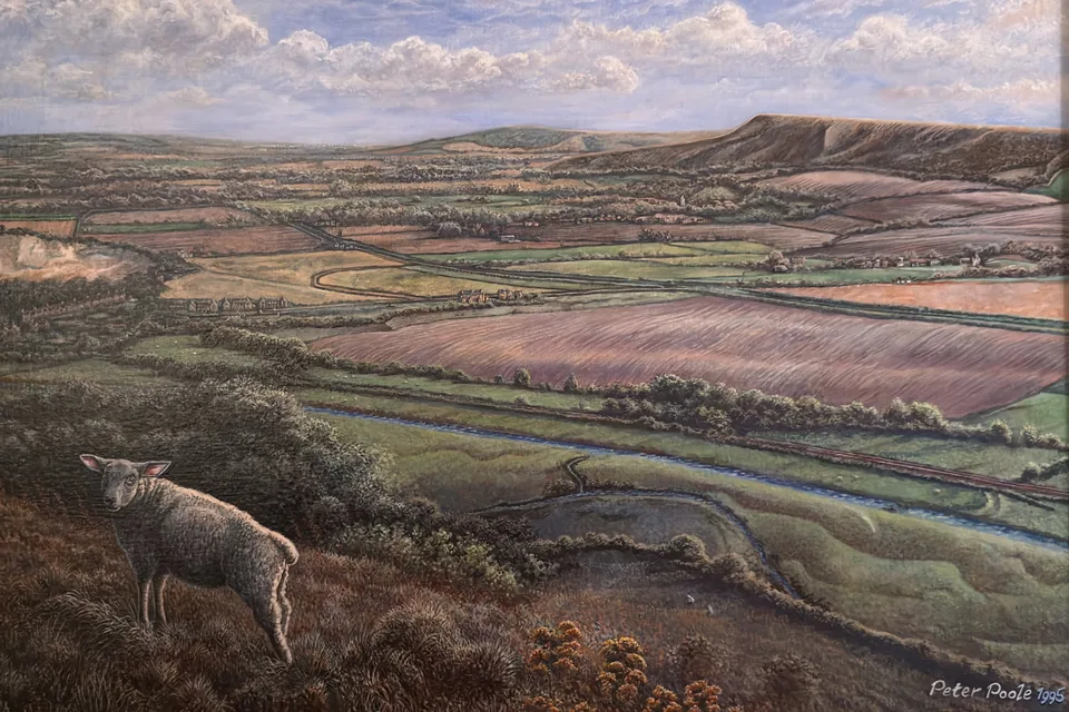 A View From Mount Caburn by Peter Poole, 1995. A landscape painting on cotton canvas in a custom wooden frame.