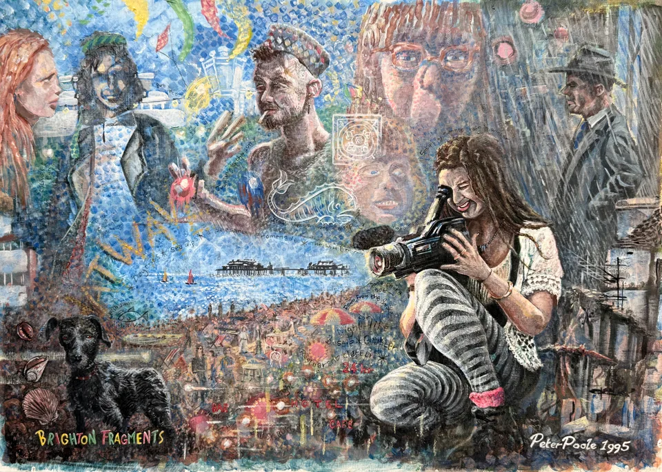 Brighton Fragments by Peter Poole, 1995. Urban montage-style painting on wood panel in a wooden frame.