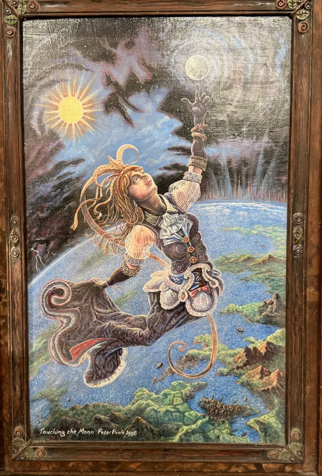Touching the Moon by Peter Poole, 1995. Fantasy painting on wood panel in a large wooden frame.
