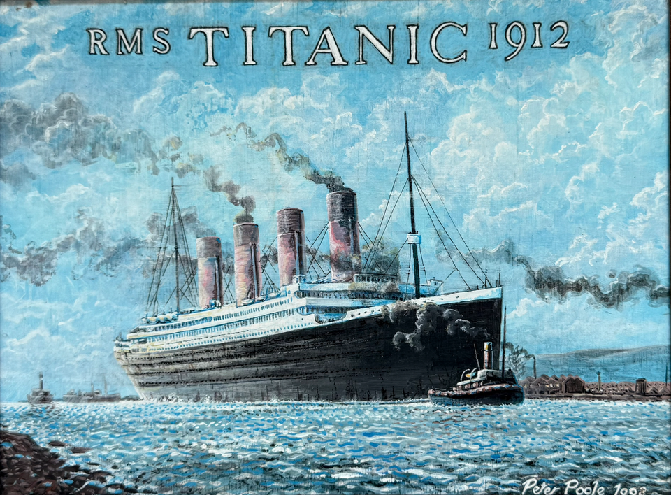 RMS Titanic 1912 by Peter Poole, 1998. A maritime painting of the Titanic on wood panel in a gold-painted wooden frame.