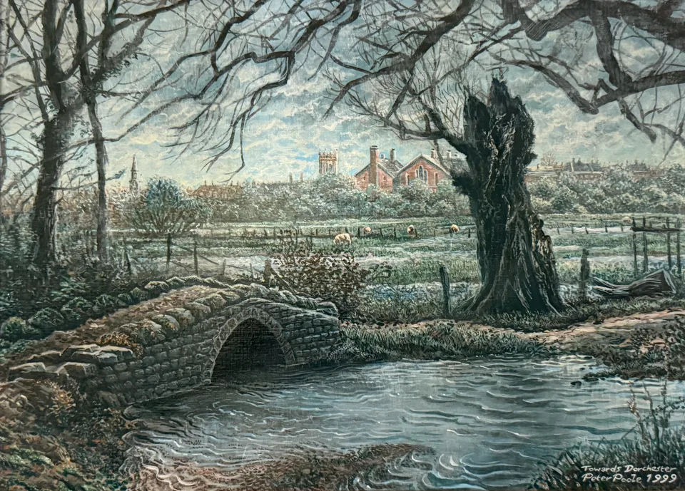 Towards Dorchester by Peter Poole, 1999. A landscape painting on wood panel in a wooden frame.