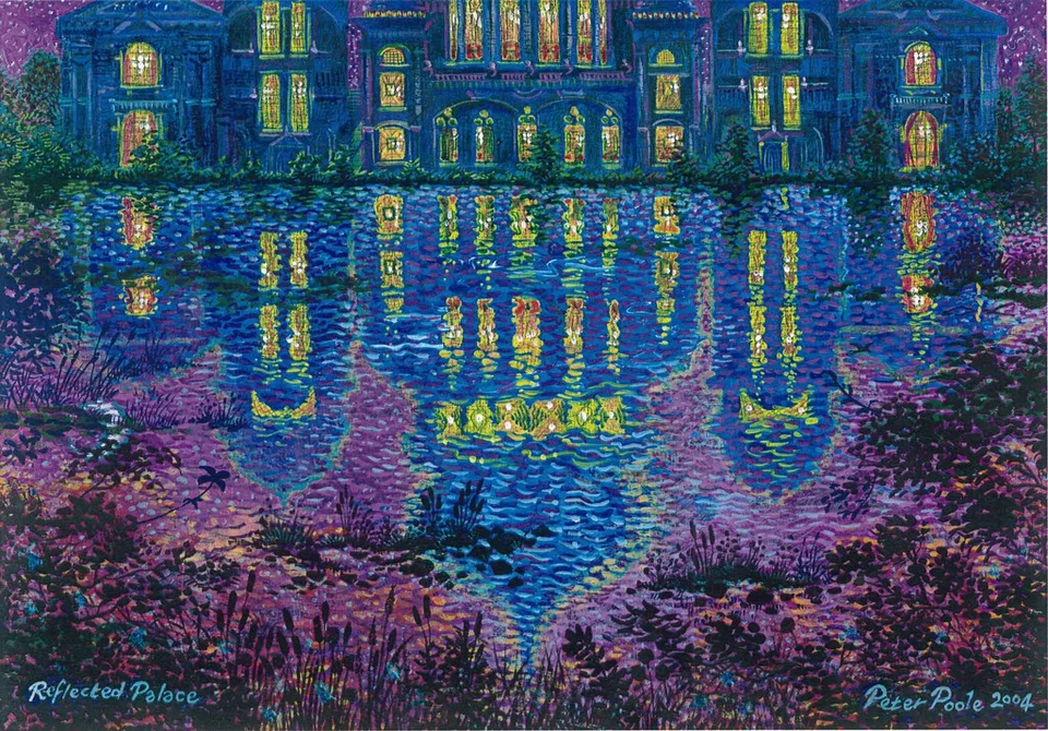 Reflected Palace by Peter Poole, 2004. A vibrant nocturnal painting of a grand palace with glowing windows mirrored in a still lake.