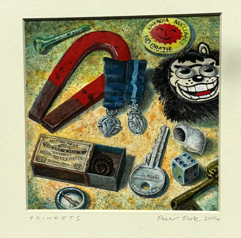 Trinkets by Peter Poole, 2004. A still-life painting on paper in a wooden frame.