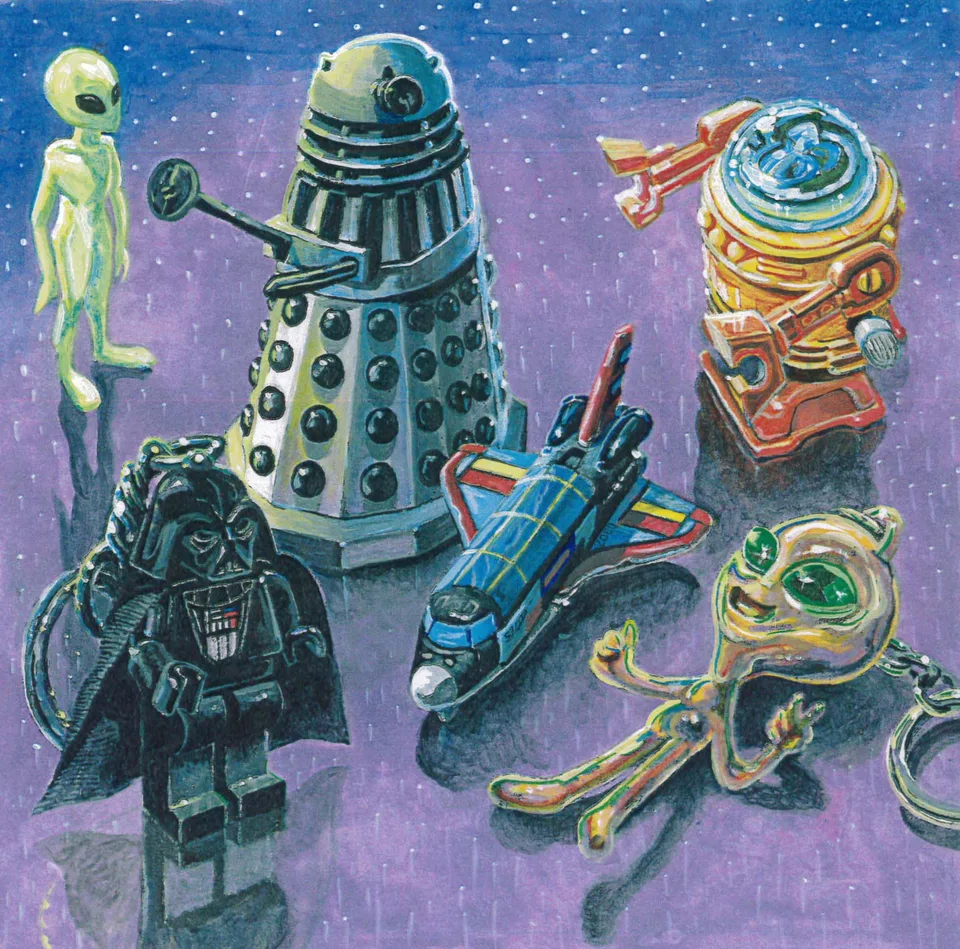 Space Toys by Peter Poole, 2004. A still-life painting on paper in a wooden frame.