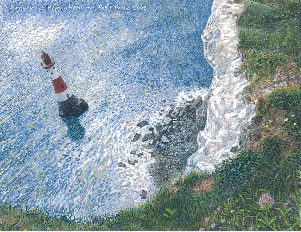 Sunshine at Beachy Head by Peter Poole, 2005. A bird’s-eye view from the chalk cliffs looking down on the red-and-white Beachy Head lighthouse in a bright sunlit sea.