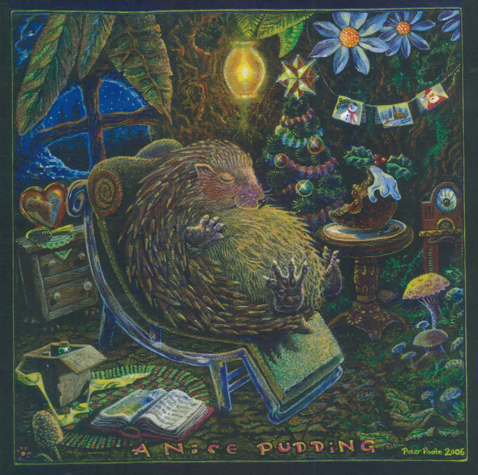 A Nice Pudding by Peter Poole, 2006. A humorous painting on relief-effect block canvas in a large wooden frame.