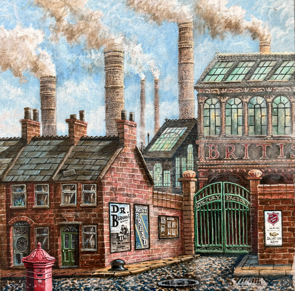 Victorian Town by Peter Poole, 2013. An imaginary urban landscape with houses in the foreground and factory chimneys beyond.