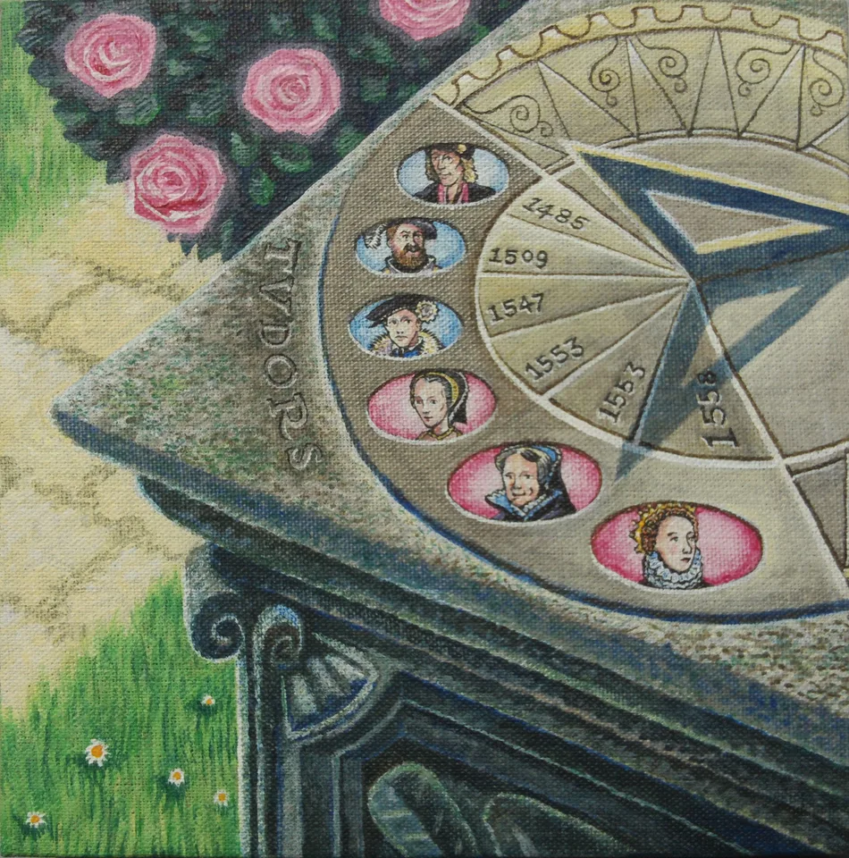Tudor Sundial by Peter Poole, 2013. An imaginary image of a sundial displaying Tudor monarchs, painted on block linen canvas.