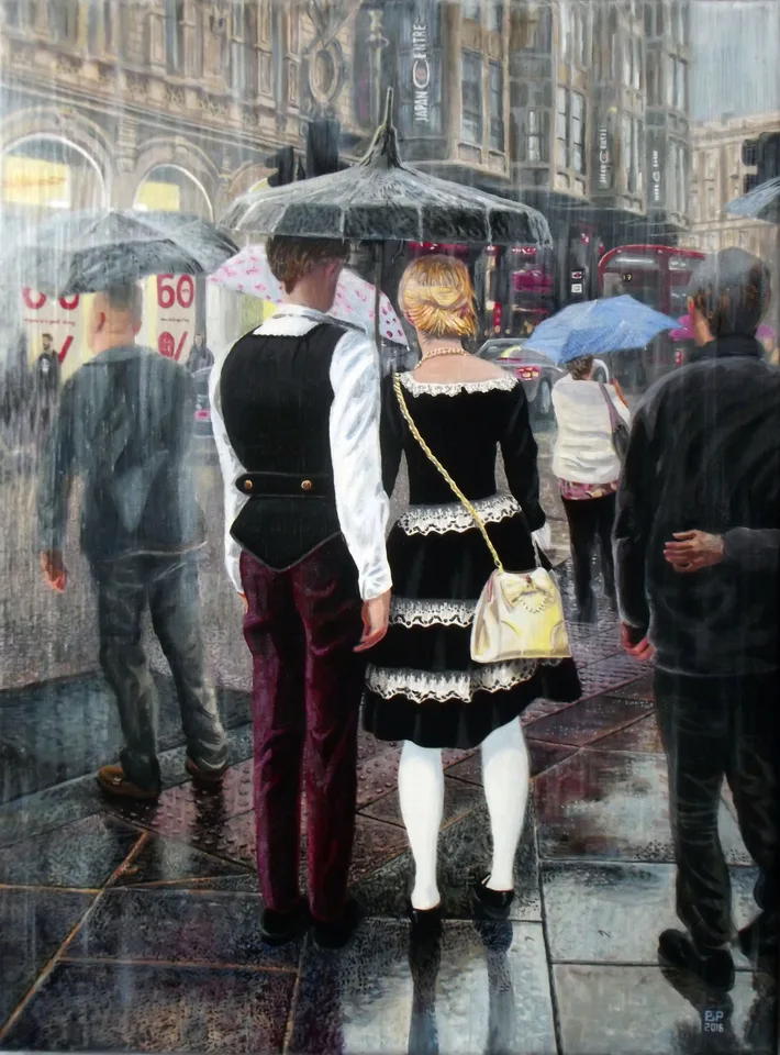 Piccadilly Rain by Peter Poole, 2016. An urban landscape and portrait painting, acrylic on linen canvas, in a custom wooden frame.