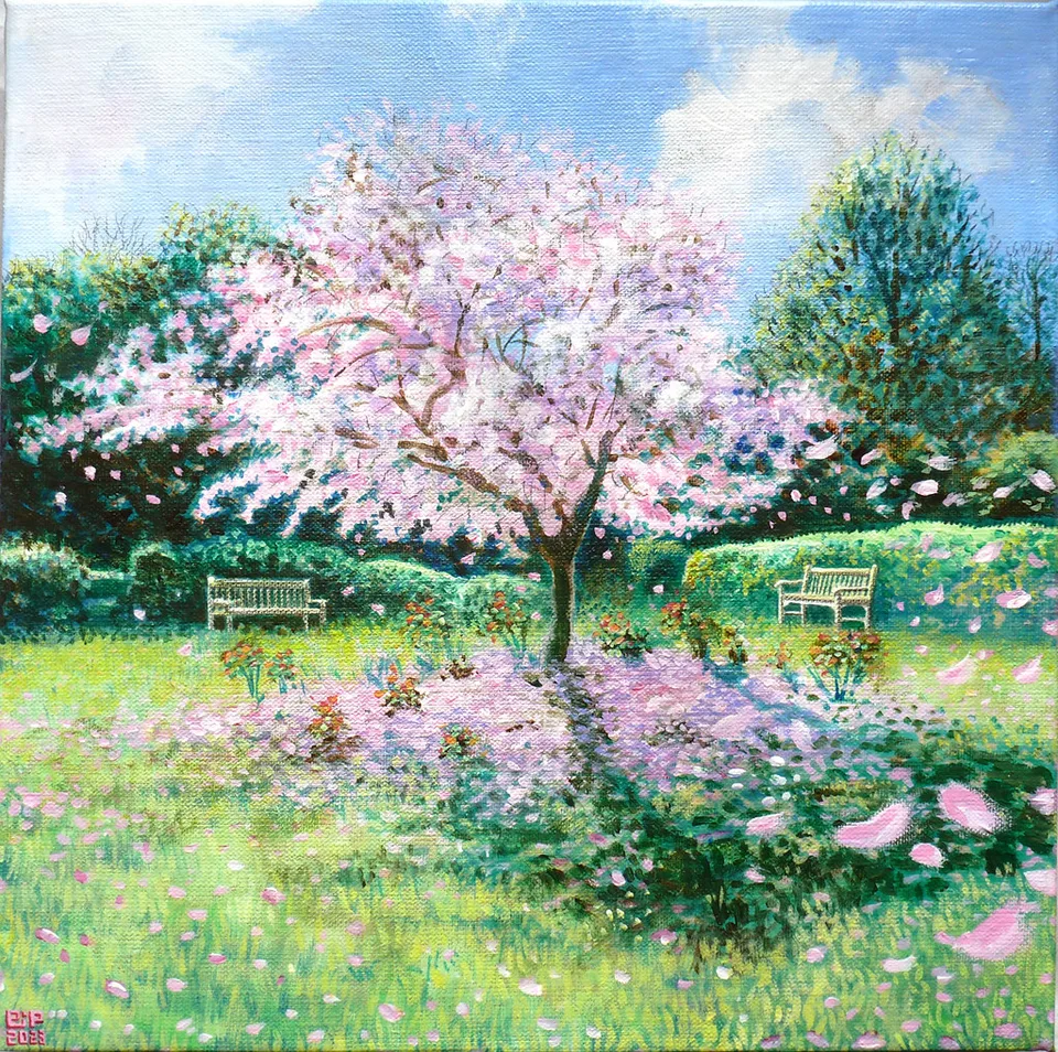 A luminous spring garden with a blossoming tree at the centre, soft pink petals, green lawns, and benches in the distance.