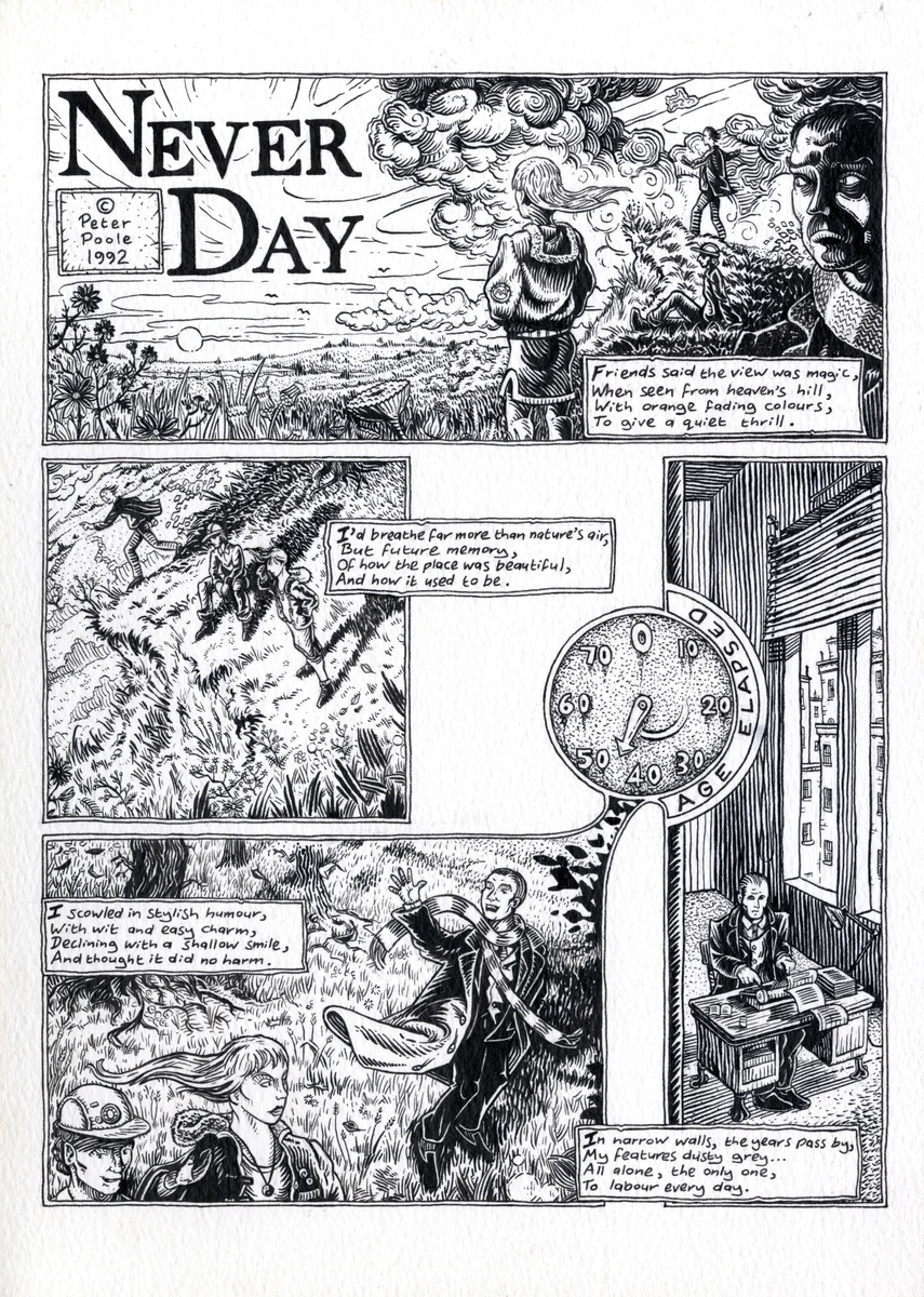 The opening page from Never Day by Peter Poole.