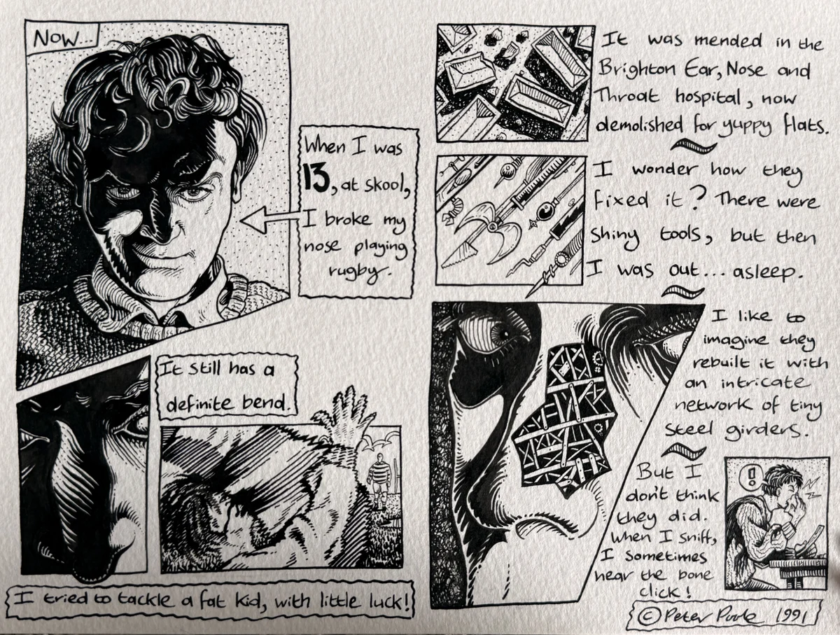 Cartoon for Gavin Burrows' Scrawl Anthology by Peter Poole.