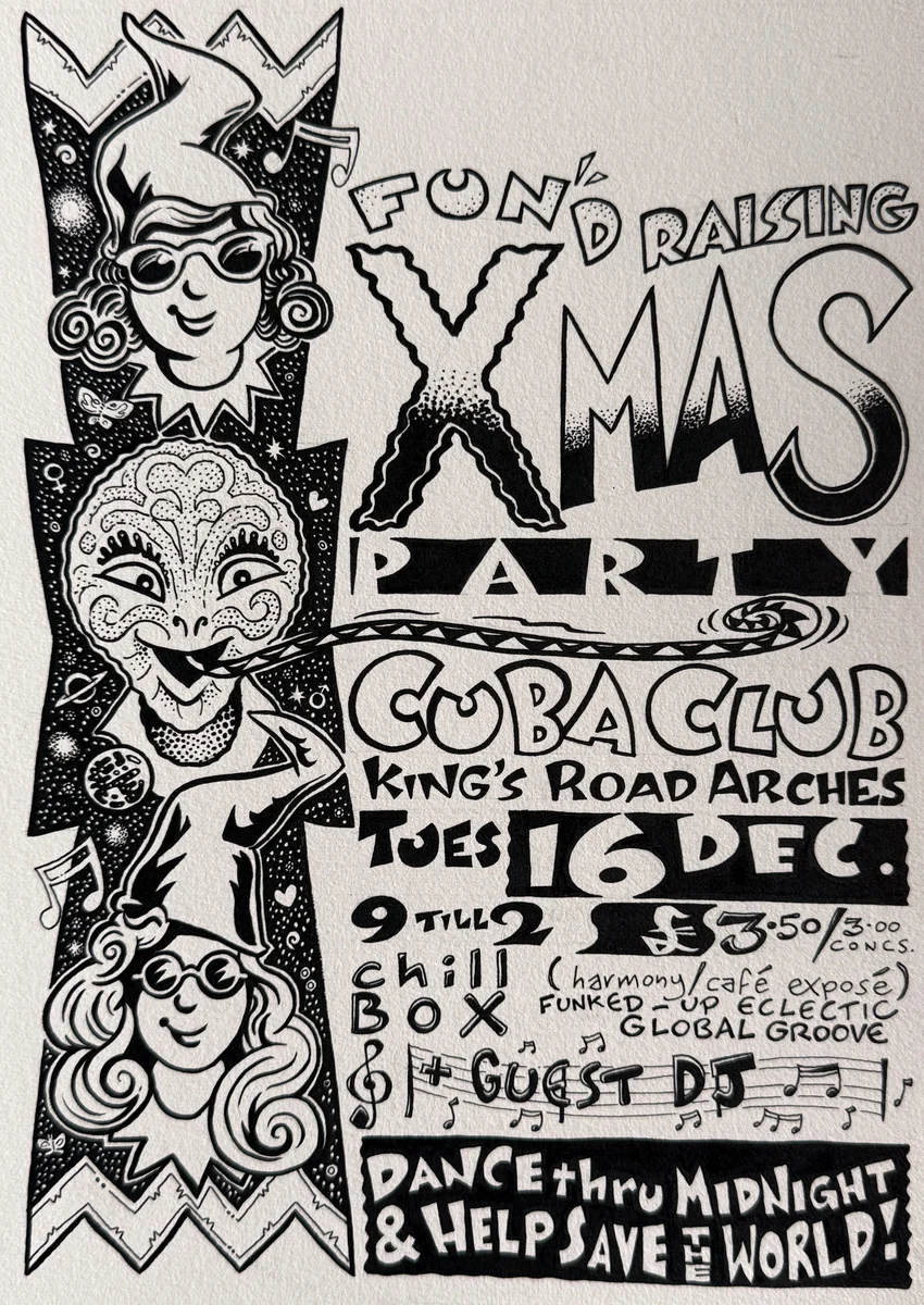 Poster for Friends of the Earth Christmas party by Peter Poole.
