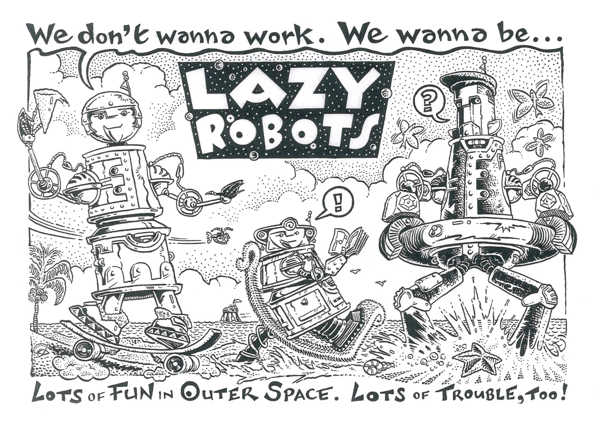 Lazy Robots postcard by Peter Poole.