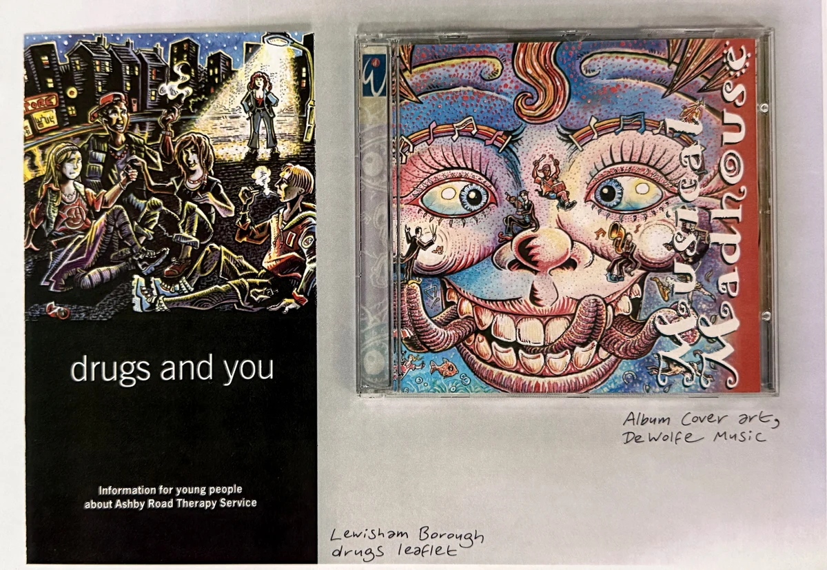 Lewisham Borough Council drugs leaflet cover and DeWolfe Music Musical Madhouse album cover art by Peter Poole.