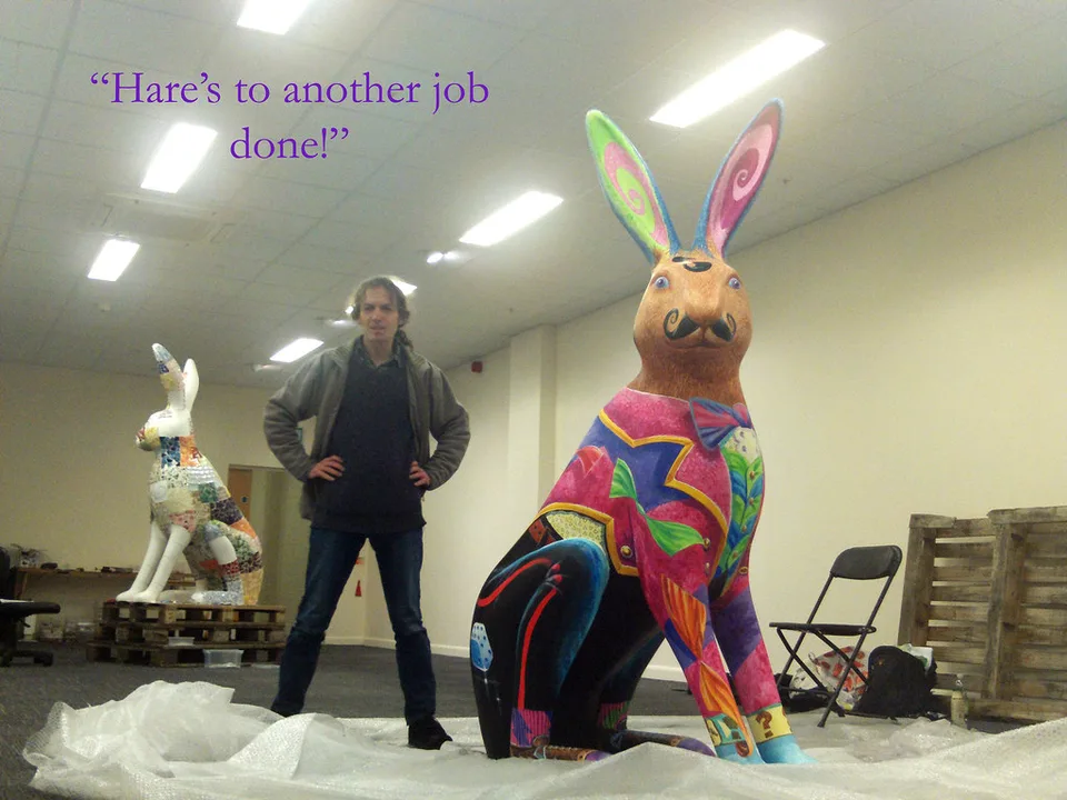 Peter Poole with a hare sculpture for Hares About Town.