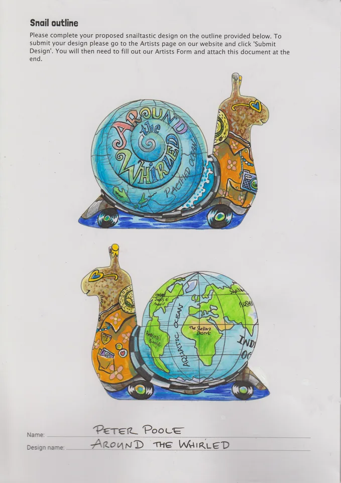 Design sheet for Around the Whirled, Peter Poole's Snailspace Brighton & Hove commission.