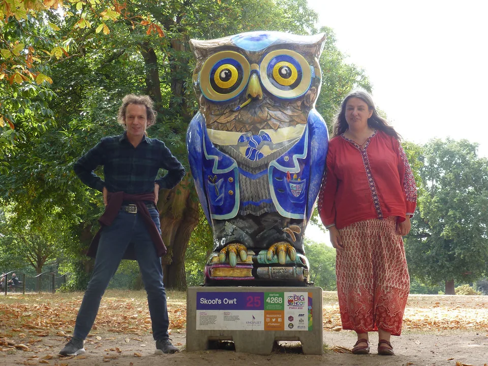 Peter Poole beside Skool's Owt for The Big Hoot in Ipswich.